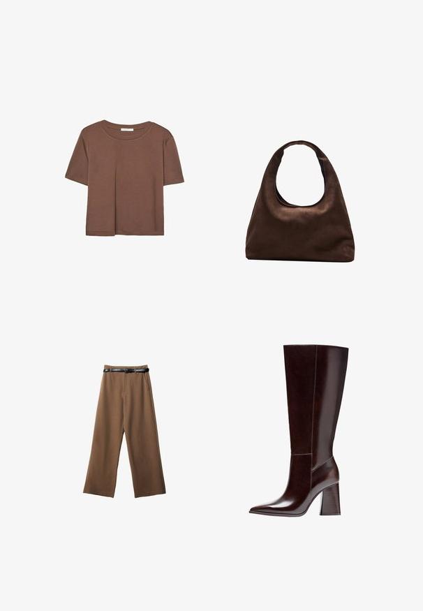 Brązowa koszulka z krótkim rękawem, wykonana z miękkiego materiału, z okrągłym dekoltem i luźnym krojem. Brak widocznych wzorów lub akcentów.; Brązowe spodnie w szerokim kroju o gładkiej fakturze, wyposażone w czarny pasek, dwie przednie kieszenie oraz dopasowany krój.; Brązowy skórzany botek do kolan z ostro zakończonym noskiem i teksturowanym słupkowym obcasem. Charakteryzuje się prostymi liniami i minimalnymi detalami przeszyć.; Miękka, brązowa torebka w stylu hobo z jedną szeroką rączką i wyprofilowanym otwarciem, wyeksponowana na białym tle.