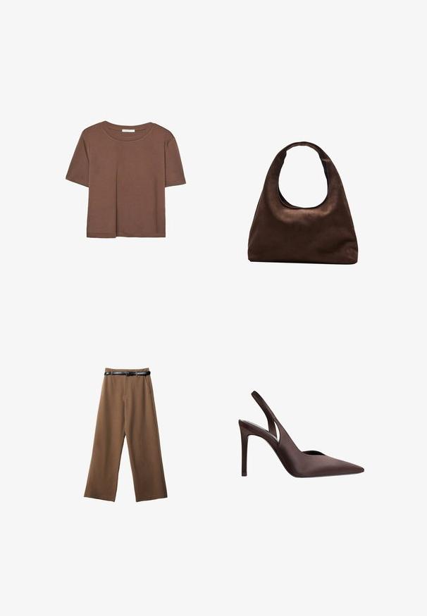 Hnědé tričko s krátkým rukávem vyrobené z měkké látky, s kulatým výstřihem a volným střihem. Bez viditelných vzorů nebo dekorací.; Hnědé kalhoty s širokými nohavicemi a hladkým povrchem, se černým páskem, dvěma předními kapsami a upraveným střihem.; Hnědé saténové sandály na vysokém podpatku s špičatou špičkou a vykrojeným designem. Mají tenký jehlový podpatek a hladkou texturu.; Měkká hnědá kabelka ve stylu hobo s jedním širokým popruhem a zakřiveným horním otvorem, vystavená na bílém pozadí.