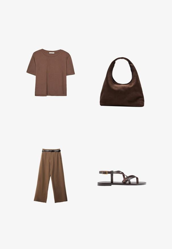Brązowa koszulka z krótkim rękawem, wykonana z miękkiego materiału, z okrągłym dekoltem i luźnym krojem. Brak widocznych wzorów lub akcentów.; Brązowe spodnie w szerokim kroju o gładkiej fakturze, wyposażone w czarny pasek, dwie przednie kieszenie oraz dopasowany krój.; Brązowe skórzane sandały z krzyżującymi się paskami, zapięciem na klamrę przy kostce oraz płaską podeszwą z minimalnymi detalami szycia.; Miękka, brązowa torebka w stylu hobo z jedną szeroką rączką i wyprofilowanym otwarciem, wyeksponowana na białym tle.