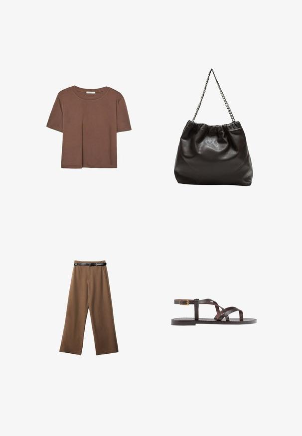 Braunes, kurzärmliges T-Shirt aus weichem Material mit rundem Halsausschnitt und lockerer Passform. Keine sichtbaren Muster oder Akzente.; Braune weit geschnittene Hosen mit glatter Textur, ausgestattet mit einem schwarzen Gürtel, zwei vorderen Taschen und einem taillierten Design.; Braune Leder-Sandale mit überkreuzten Riemen, einem Knöchelriemen mit Schnalle und einer flachen Sohle mit minimalen Nähdetails.; Braune Lederhandtasche mit gerafftem Oberteil und Kettenriemen. Glatte Textur mit glänzendem Finish und subtilen Nahtdetails an den Seiten.