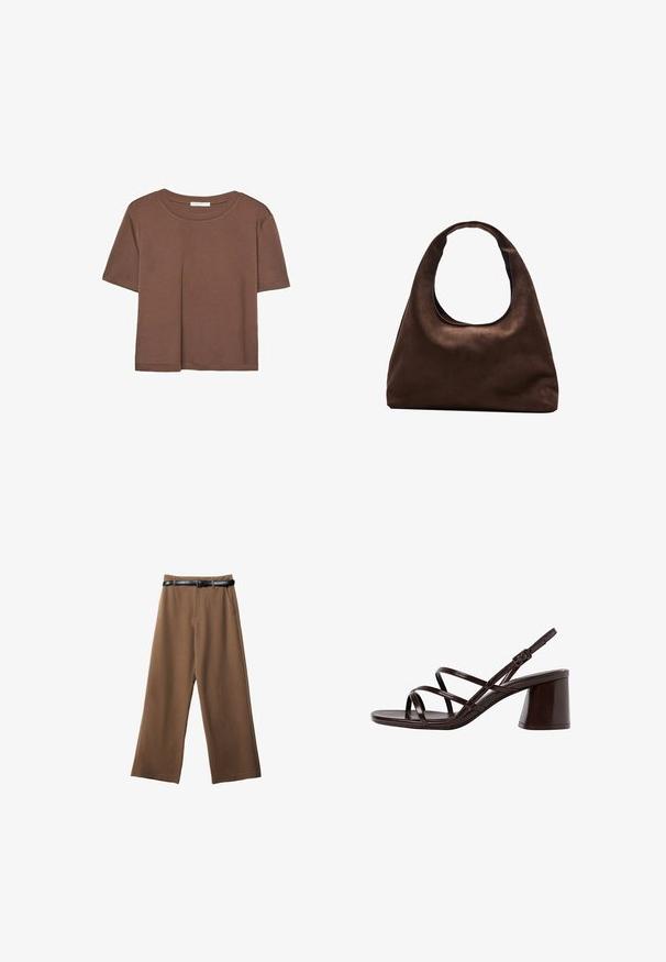 Brown short-sleeve t-shirt made of soft fabric, with a round neckline and relaxed fit. No visible patterns or accents.; Brown wide-leg trousers with a smooth texture, featuring a black belt, two front pockets, and a tailored design.; Brown heeled sandals with a glossy finish, featuring multiple slim straps and a chunky block heel for stability.; Soft brown hobo-style handbag with a single wide strap and a curved top handle opening, displayed on a white background.
