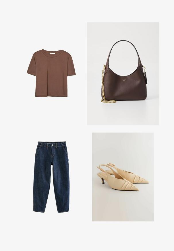 Maglietta a maniche corte marrone realizzata in tessuto morbido, con scollatura rotonda e vestibilità rilassata. Nessun motivo o dettaglio visibile.; Pantaloni in denim blu scuro con una vestibilità ampia, dotati di cinque tasche, passanti per cintura e cuciture gialle a contrasto. Tessuto pulito e texturato.; Tacchi slingback in pelle beige con punta affusolata e dettaglio di texture arricciata. Presentano un tacco basso e una cintura regolabile alla caviglia.; COACH BROOKLYN SHOULDER BAG 23 - Borsa a mano - maple