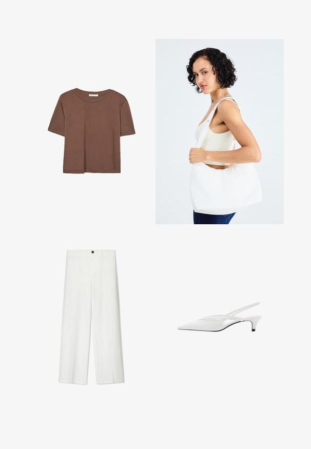 Braunes, kurzärmliges T-Shirt aus weichem Material mit rundem Halsausschnitt und lockerer Passform. Keine sichtbaren Muster oder Akzente.; Weiße, weite Hosen mit glatter Textur, ausgestattet mit einem vorderen Knopfverschluss und Gürtelschlaufen, gefertigt für eine lockere Passform.; Weißer Slingback-Absatzschuh mit spitzer Zehenpartie, featuring ein glattes Obermaterial, subtile Ausschnitte und einen niedrigen Blockabsatz. Die schwarze Sohle betont das Design.; Weißer Schultertasche aus glattem Material mit ovalem Ausschnitt und breitem Tragegurt. Einfach und modern, ohne sichtbare Hardware.