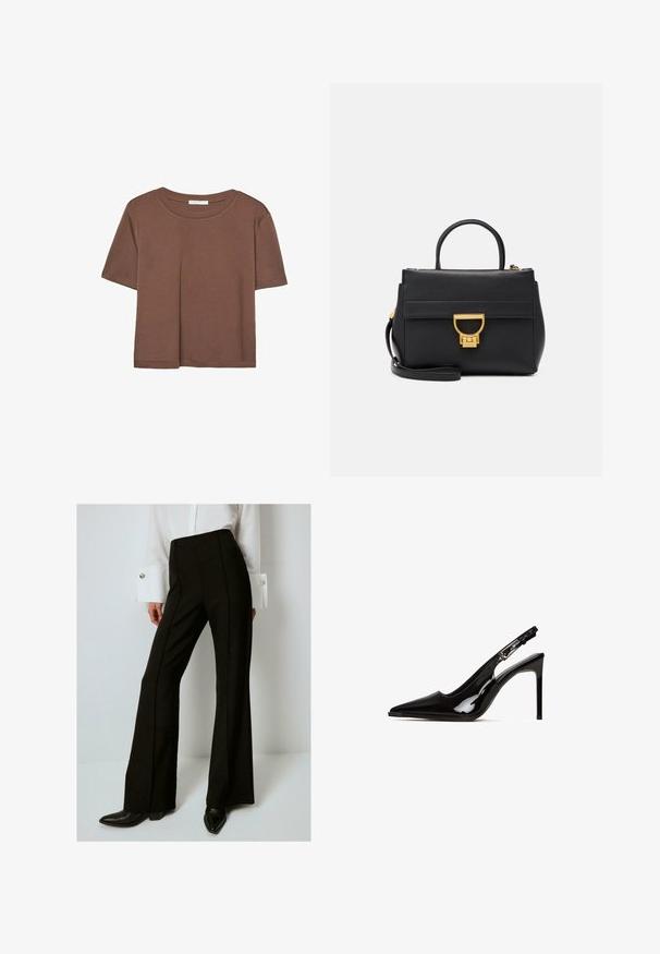 Hnědé tričko s krátkým rukávem vyrobené z měkké látky, s kulatým výstřihem a volným střihem. Bez viditelných vzorů nebo dekorací.; Černé kalhoty s vysokým pasem a rozšířenými nohavicemi, s vertikálním švem, vyrobené z texturované tkaniny, v kombinaci s bílou košilí s dlouhým rukávem.; Černé lakované kožené lodičky na podpatku s špičatou špičkou a jehlovým podpatkem. Obsahuje výřezový design a nastavitelné zapínání s kovovými prvky.; Černá kožená kabelka se zlatými kovovými prvky, strukturovaný design, horní rukojeť, odnímatelný ramenní popruh a přední klopa s uzávěrem na sponu.