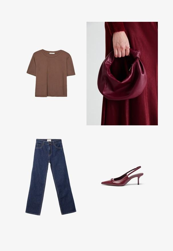 Maglietta a maniche corte marrone realizzata in tessuto morbido, con scollatura rotonda e vestibilità rilassata. Nessun motivo o dettaglio visibile.; Jeans dritti blu scuro con tasche frontali, passanti per cintura e chiusura con bottone.; Décolleté bordeaux con cinturino, con punta affilata, realizzate in pelle. Presentano un accento decorativo sulla tomaia e un tacco a spillo di 8 cm.; Borsa in pelle bordeaux con un design morbido e arricciato e una forma arrotondata. Il manico è fissato, mostrando una texture liscia.