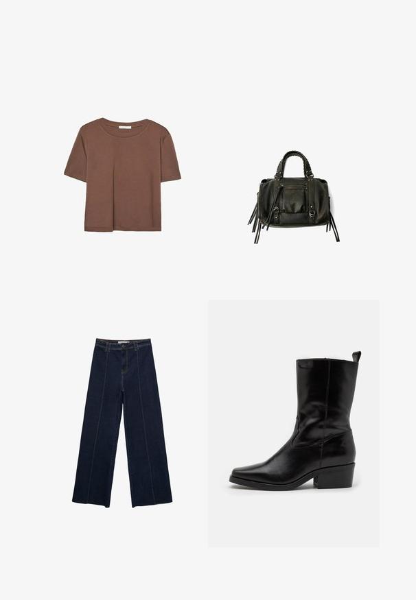 Braunes, kurzärmliges T-Shirt aus weichem Material mit rundem Halsausschnitt und lockerer Passform. Keine sichtbaren Muster oder Akzente.; Weite dunkle Jeanshose mit Kontrastnähten, hoher Taille und geradem Schnitt. Verfügt über Fronttaschen und einen klassischen Knopfverschluss.; Schwarze Lederstiefelette mit spitzer Zehe, niedrigem Blockabsatz und genähten Details. Verfügt über seitliche elastische Einsätze für ein leichtes Anziehen.; Schwarze Lederhandtasche mit geflochtenen Griffen, Reißverschlussfach und hängenden Quasten. Strukturiert Oberfläche mit Metallnieten und Hardware-Akzenten.