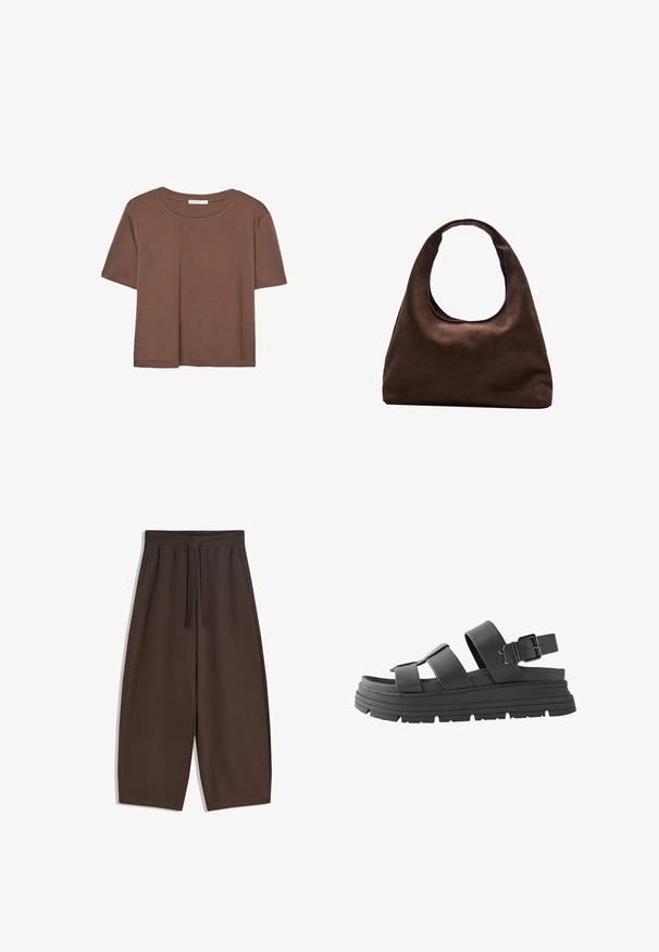 Brun kortærmet t-shirt lavet af blødt stof, med rund halsudskæring og afslappet pasform. Ingen synlige mønstre eller detaljer.; Brune bukser med brede ben lavet af blødt stof, med elastisk talje og snøre, med en glat tekstur og rent design.; Sorte platform sandaler med to justerbare remme og en spænde. Fremstillet af glat læder med en tekstureret gummisål.; Blød brun hobo-stil håndtaske med en enkelt bred strop og en buet åbning på toppen, vist på en hvid baggrund.