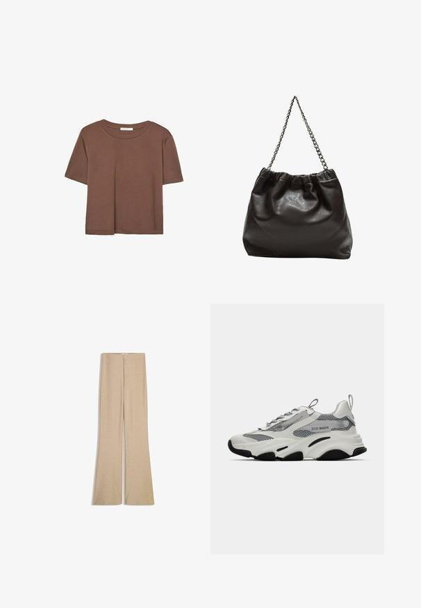 T-shirt marron à manches courtes en tissu doux, avec un col rond et une coupe décontractée. Aucun motif ni accent visible.; Pantalons évasés beiges en tissu texturé brillant avec une taille lisse et une fermeture éclair dissimulée à l'arrière. Avant plat sans poches.; Baskets de sport blanches avec des panneaux en maille, des accents gris et des semelles en caoutchouc noir. Comprend des lacets, une languette de traction et un marquage de la marque.; Sac en cuir marron avec un haut froncé et une bandoulière en chaîne. Texture lisse avec une finition brillante et des coutures subtiles sur les côtés.