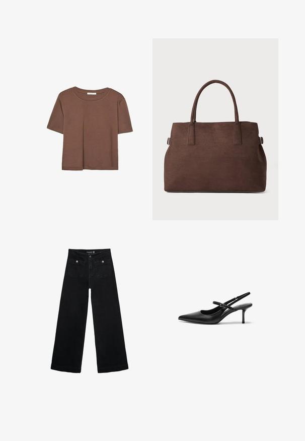 Rjava kratka majica s kratkimi rokavi iz mehkega materiala, s krožnim izrezom in ohlapnim krojem. Brez vidnih vzorcev ali dodatkov.; Črne široke kavbojke z visokim pasom, ki imajo dva sprednja žepa in kovinske gumbi. Tkanina ima gladko teksturo.; Črne usnjene slingback čevlje z ostrim nosom, vitkim nastavljivim trakcem in približno 5-centimetrsko stiletto peto, gladka tekstura.; Rjava tote torba iz umetnega usnja z dvema trdnima ročajema, strukturirano obliko in minimalističnim dizajnom, ki vsebuje subtilne šive.