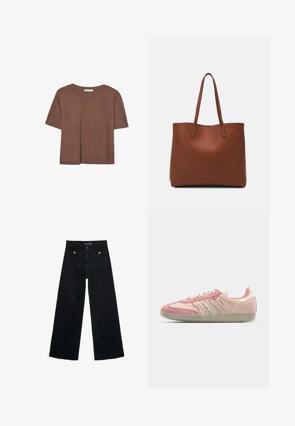 Smeđi kratki rukav majica od mekog materijala, s okruglim izrezom i opuštenim krojem. Nema vidljivih uzoraka ili naglasaka.; Crne široke traperice s visokim strukom, koje imaju dva prednja džepa i metalne gumbe kao ukrase. Tkanina ima glatku teksturu.; adidas Originals SAMBA OG - Tenisice - quartz/off white/mauve; Smeđa kožna torba preko ramena s glatkom teksturom, otvorenim vrhom i dvjema naramenicama. Ima minimalne šavove i nema vidljivog hardvera.