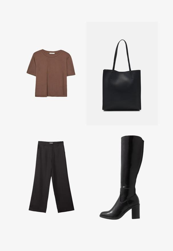 Hnedé tričko s krátkym rukávom vyrobené z jemného materiálu, s okrúhlym výstrihom a voľným strihom. Žiadne viditeľné vzory ani akcenty.; Čierne široké nohavice vyrobené z hladkej tkaniny, so zipsom vpredu a dvoma bočnými vreckami, s prispôsobeným strihom a minimalistickým dizajnom.; Čierne lesklé čižmy s vysokým podpätkom s okrúhlou špičkou, hladkou textúrou, bočným výrezom a robustným zloženým podpätkom.; Čierna kožená taška na rameno s hladkým povrchom, obdĺžnikovým tvarom a dvoma dlhými uchami. Bez viditeľného kovania alebo ozdôb.