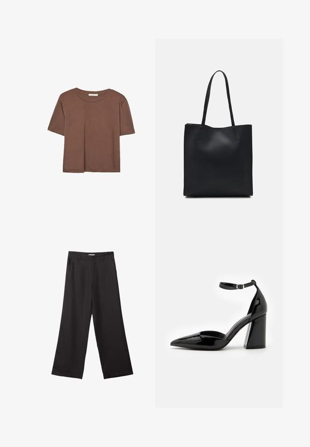 Brązowa koszulka z krótkim rękawem, wykonana z miękkiego materiału, z okrągłym dekoltem i luźnym krojem. Brak widocznych wzorów lub akcentów.; Czarne spodnie z szerokimi nogawkami, wykonane z gładkiego materiału, z przednim zamkiem błyskawicznym i dwoma bocznymi kieszeniami, o dopasowanym kroju i minimalistycznym wzornictwie.; Czółenka z czarnej lakierowanej skóry na wysokim obcasie, z wąskim noskiem, paskiem wokół kostki oraz szerokim obcasem dla stabilności, o gładkiej, błyszczącej teksturze.; Czarna skórzana torba tote o gładkiej fakturze, prostokątnym kształcie i dwóch długich uchwytach. Brak widocznych elementów metalowych i ozdób.