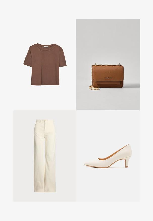 Maglietta a maniche corte marrone realizzata in tessuto morbido, con scollatura rotonda e vestibilità rilassata. Nessun motivo o dettaglio visibile.; Polo Ralph Lauren COTTON CORDUROY WIDE-LEG PANT - Pantaloni - warm white; Scarpa con tacco alto in pelle bianca, con punta affusolata e tacco slim leggermente inclinato. Texture liscia con un design minimalista e suola color nocciola.; Borsa a tracolla in pelle marrone con texture, dotata di catena dorata e chiusura a pattina. Sul davanti presenta un dettaglio con logo e una tasca sotto la pattina.