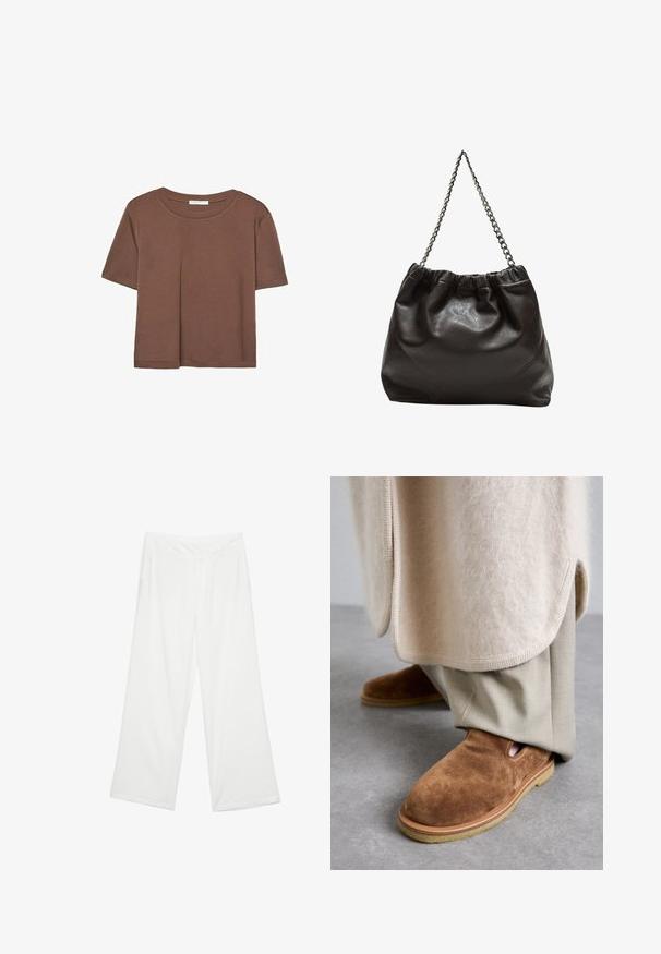 Hnedé tričko s krátkym rukávom vyrobené z jemného materiálu, s okrúhlym výstrihom a voľným strihom. Žiadne viditeľné vzory ani akcenty.; Biele široké nohavice z látky s hladkým povrchom, prednými vreckami a klasickým pásom s pútkami na opasok.; Hnedé semišové slip-on topánky s okrúhlou špičkou, gumovou podrážkou a bočnými výrezmi, v kombinácii s svetlo béžovými zúženými nohavicami.; Hnedá kožená taška so zberaným vrchom a reťazovým popruhom. Hladký povrch s lesklým finišom a jemným švom po stranách.