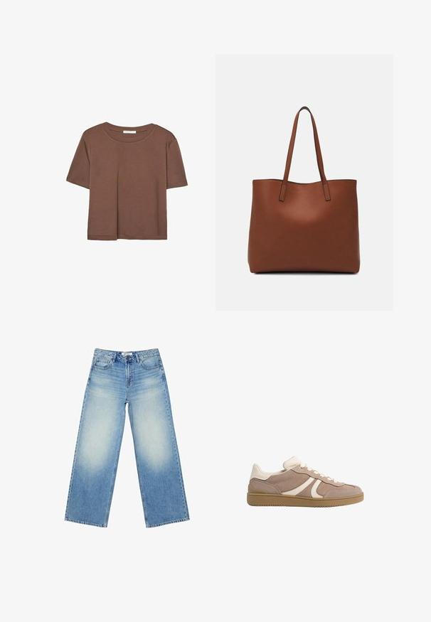 T-shirt marron à manches courtes en tissu doux, avec un col rond et une coupe décontractée. Aucun motif ni accent visible.; Jean large bleu clair en denim, avec taille haute, lavage décoloré et design classique à cinq poches avec fermeture à bouton à l'avant.; Baskets avec une tige en daim beige et des accents crème, bout arrondi, fermeture à lacets et semelle en caoutchouc texturé pour l'adhérence.; Sac fourre-tout en cuir marron avec une texture lisse, design à ouverture supérieure et deux poignées pour le porter à l'épaule. Présente des coutures minimales et aucun matériel visible.