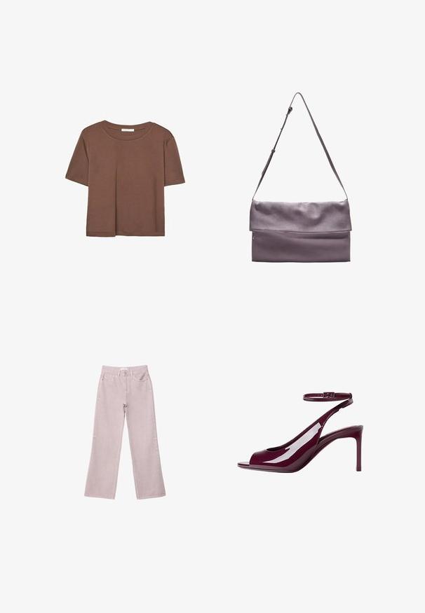 Brown short-sleeve t-shirt made of soft fabric, with a round neckline and relaxed fit. No visible patterns or accents.; Light pink wide-leg jeans made of denim, featuring a zipper fly, five pockets, and subtle stitching details.; Burgundy patent leather high-heeled sandal with a peep toe, ankle strap, and sleek silhouette. Glossy finish enhances visual appeal.; Gray leather crossbody bag with a fold-over flap, featuring a front zip pocket and an adjustable strap for convenience.