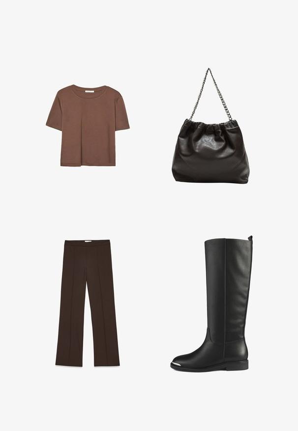 T-shirt marron à manches courtes en tissu doux, avec un col rond et une coupe décontractée. Aucun motif ni accent visible.; Pantalon marron à jambes larges en tissu lisse ; présente des plis avant et une taille standard. Design minimaliste sans fermetures visibles.; Bottes en cuir noir montantes avec une texture lisse, bout rond et accent en argent sur le bout. Dotées d'un talon bas et plat et d'un design sans couture.; Sac en cuir marron avec un haut froncé et une bandoulière en chaîne. Texture lisse avec une finition brillante et des coutures subtiles sur les côtés.