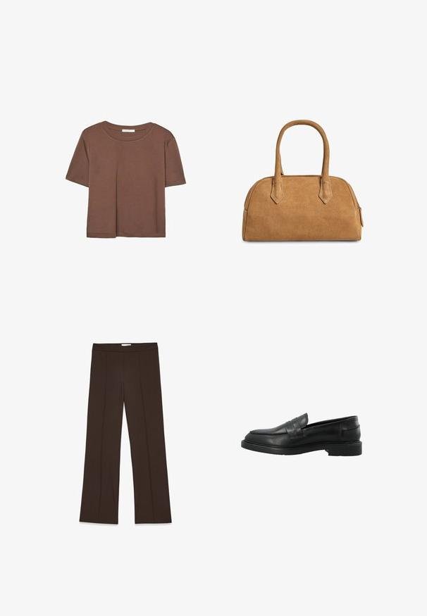 Korte mouwen T-shirt in bruin, gemaakt van een zachte stof, met een ronde halslijn en een relaxte pasvorm. Geen zichtbare patronen of accenten.; Bruine, wijde broek van gladde stof; heeft voorplooien en een standaard tailleband. Minimalistisch ontwerp zonder zichtbare sluitingen.; Zwarte leren instapper met een ronde neus, voorstripdetail en platte rubberen zool. Glad oppervlak met minimale stikselaccenten.; Tan leren handtas met een gestructureerde vorm, voorzien van twee handgrepen, driehoekige uitsparingen en een rits aan de bovenkant voor sluiting.