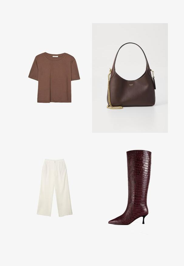 Brązowa koszulka z krótkim rękawem, wykonana z miękkiego materiału, z okrągłym dekoltem i luźnym krojem. Brak widocznych wzorów lub akcentów.; Spodnie z szerokimi nogawkami w kremowej tkaninie o gładkiej fakturze, z pojedynczym guzikiem z przodu, subtelnymi plisami i wysokim stanem.; Burgundowe, spiczaste kozaki do kolan wykonane z teksturowanej, sztucznej skóry krokodyla, z małym obcasem typu stiletto i gładkim wykończeniem.; COACH BROOKLYN ciemnobrązowy