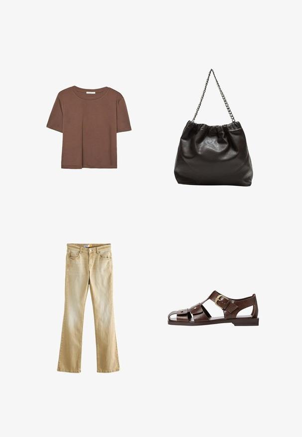 Rjava kratka majica s kratkimi rokavi iz mehkega materiala, s krožnim izrezom in ohlapnim krojem. Brez vidnih vzorcev ali dodatkov.; Next Kavbojke na zvonec - beige tinted; Rjave usnjene sandale z izrezljanim dizajnom, nastavljivim stranskim sponko in ravnim podplatom, dekorirane z kovinskimi detajli in odprtim prstom.; Rjava usnjena torba z nabranim vrhom in verižnim trakom. Gladka tekstura z sijajno površino in subtilnimi šivi na straneh.