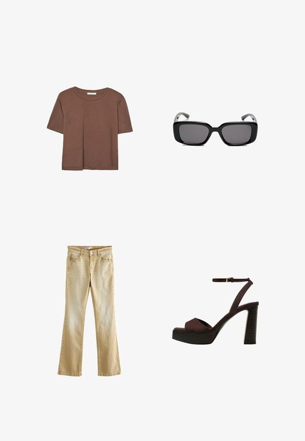 Brun kortärmad t-shirt i mjukt tyg, med rund halsringning och avslappnad passform. Inga synliga mönster eller detaljer.; Next Jeans bootcut - beige tinted; Bruna mocka högklackade sandaler med öppen tå, justerbar vristrem och en randig plattformssula.; Svarta rektangulära solglasögon med mörka linser, slimmad plastbåge och böjda tempel. Designen är kraftig med en minimalistisk estetik.