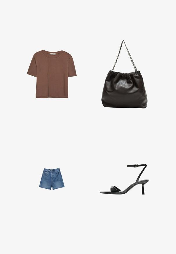 Kahvinsävyinen lyhythihainen t-paita, joka on valmistettu pehmeästä kankaasta. Pyöreä pääntie ja rento malli. Ei näkyviä kuvioita tai koristeita.; Farkkushortsit keskipitkässä sinisessä pesussa, joissa on klassinen viisi-taskuinen muotoilu, vyölenkit ja vetoketjulahkeella varustettu nappikiinnitys.; Bershka Korolliset sandaalit - black; Ruskea nahkainen laukku, jossa on kerätty yläosa ja ketjuhihna. Tasainen pinta, jossa kiiltävä viimeistely ja hienovaraiset sauman yksityiskohdat sivuilla.