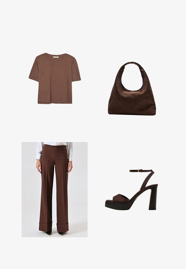 Brown short-sleeve t-shirt made of soft fabric, with a round neckline and relaxed fit. No visible patterns or accents.; Brown wide-leg trousers made of smooth fabric, featuring a high waist, front pleats, and folded cuffs. Worn with a white blouse and black shoes.; Brown suede high-heeled sandal with an open toe, adjustable ankle strap, and a striped platform sole.; Soft brown hobo-style handbag with a single wide strap and a curved top handle opening, displayed on a white background.