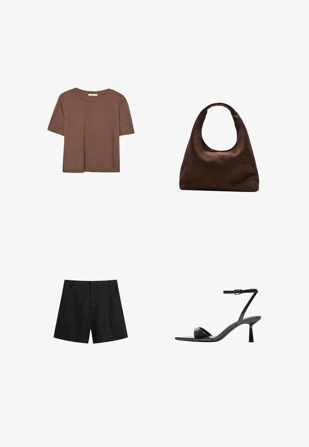 Korte mouwen T-shirt in bruin, gemaakt van een zachte stof, met een ronde halslijn en een relaxte pasvorm. Geen zichtbare patronen of accenten.; Zwarte linnen shorts met een fitted taille, zijzakken en een slim ontwerp. Kenmerkt zich door een gladde textuur en een vlakke voorkant zonder zichtbare versieringen.; Bershka Sandalen met hoge hak - black; Zachte bruine hobo-stijl handtas met een enkele brede schouderband en een gebogen opening aan de bovenkant, weergegeven op een witte achtergrond.