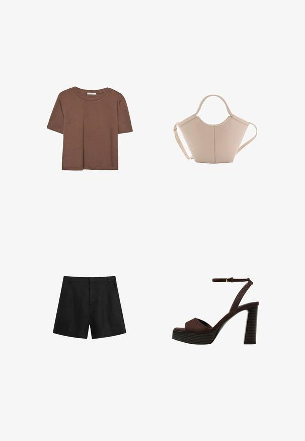 Maglietta a maniche corte marrone realizzata in tessuto morbido, con scollatura rotonda e vestibilità rilassata. Nessun motivo o dettaglio visibile.; Shorts neri in lino con vita aderente, tasche laterali e design su misura. Presentano una texture liscia e una parte anteriore piatta senza decorazioni visibili.; Sandal in camoscio marrone con tacco alto, punta aperta, cinturino alla caviglia regolabile e suola a piattaforma striata.; Borsa in pelle beige con una forma unica, caratterizzata da due manici corti e una lunga tracolla regolabile. Texture liscia con hardware minimale.