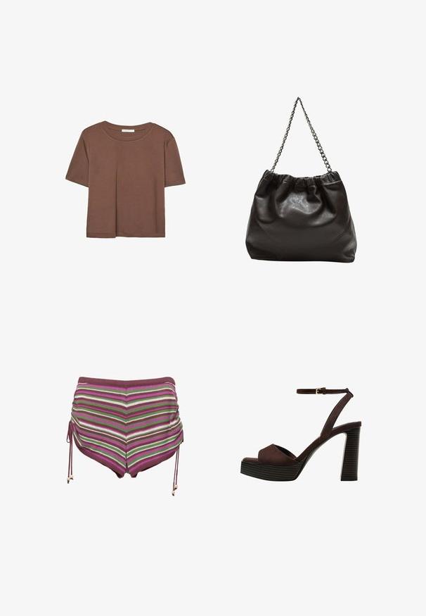 Smeđi kratki rukav majica od mekog materijala, s okruglim izrezom i opuštenim krojem. Nema vidljivih uzoraka ili naglasaka.; Prugaste kupaće hlače u nijansama ružičaste, zelene i smeđe. Imaju stranice s vezicom i mekan, elastičan materijal.; Smeđe zamšaste sandale s visokim potpeticama, otvorenim prstima, podesivom trakicom oko gležnja i prugastom platformom.; Smeđa kožna torba s naboranim vrhom i lančićem za nošenje. Glatka tekstura s sjajnim završetkom i suptilnim šavnim detaljima sa strane.