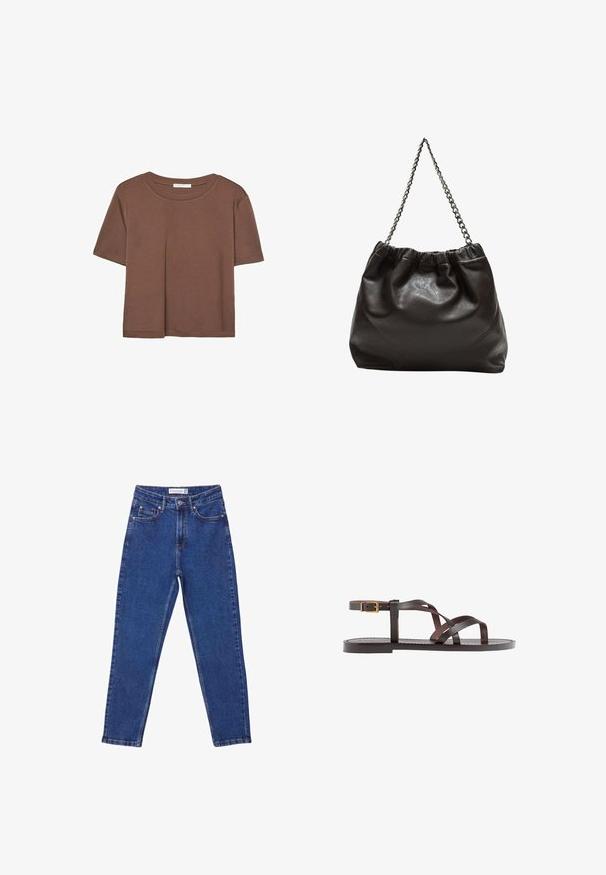 Kahvinsävyinen lyhythihainen t-paita, joka on valmistettu pehmeästä kankaasta. Pyöreä pääntie ja rento malli. Ei näkyviä kuvioita tai koristeita.; Siniset korkeavyötäröiset farkut, joissa on suora lahje, etutaskut ja hillitty haalistunut pinta.; Ruske kožne sandale s križnim trakama, zatvaranjem na kopču oko gležnja i ravnim potplatom s minimalnim detaljima šivanja.; Ruskea nahkainen laukku, jossa on kerätty yläosa ja ketjuhihna. Tasainen pinta, jossa kiiltävä viimeistely ja hienovaraiset sauman yksityiskohdat sivuilla.