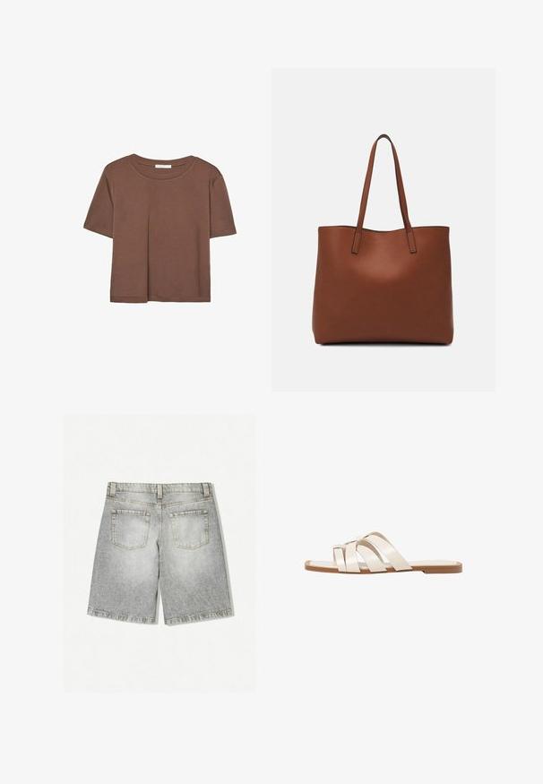 Smeđi kratki rukav majica od mekog materijala, s okruglim izrezom i opuštenim krojem. Nema vidljivih uzoraka ili naglasaka.; Sivi traper šortsevi s neurednim rubom, sa dva stražnja džepa i izblijedjelim završetkom. Izrađeni od tkanine srednje težine.; Ravne sandale s smeškom od gume, dizajnirane s tri preklapajuće bele kožne trake i malim detaljem mašne u sredini.; Smeđa kožna torba preko ramena s glatkom teksturom, otvorenim vrhom i dvjema naramenicama. Ima minimalne šavove i nema vidljivog hardvera.