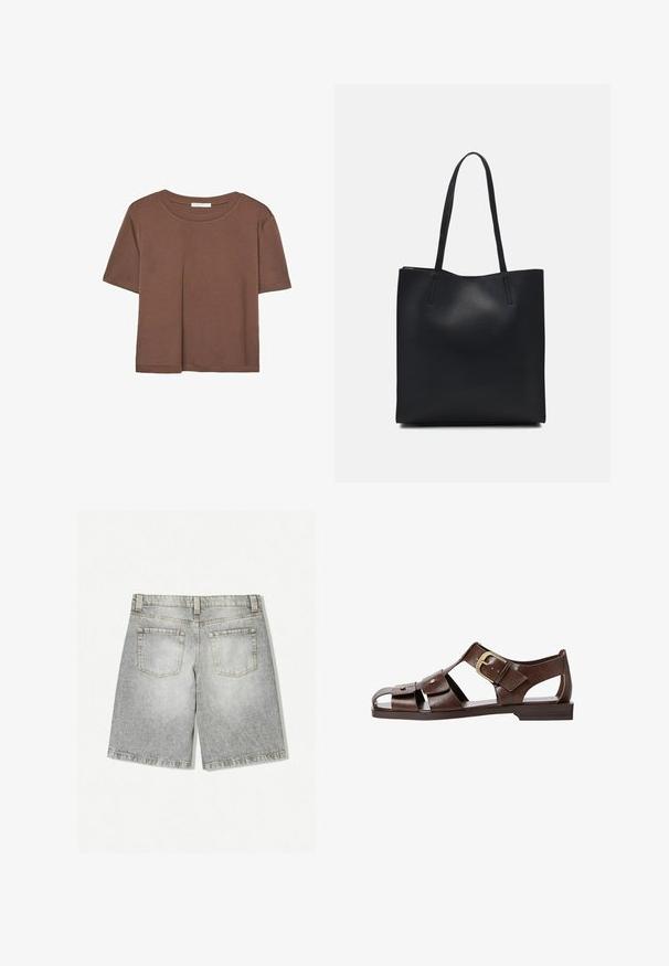 Hnedé tričko s krátkym rukávom vyrobené z jemného materiálu, s okrúhlym výstrihom a voľným strihom. Žiadne viditeľné vzory ani akcenty.; Šedé denimové šortky s roztrhnutým lemem, majúce dve zadné vrecká a vybledlý vzhľad. Vyrobené z materiálu strednej hmotnosti.; Hnedé kožené sandále s vyrezávaným dizajnom, nastaviteľnou bočnou sponou a plochou podrážkou, s kovovými akcentmi a otvorenou špičkou.; Čierna kožená taška na rameno s hladkým povrchom, obdĺžnikovým tvarom a dvoma dlhými uchami. Bez viditeľného kovania alebo ozdôb.