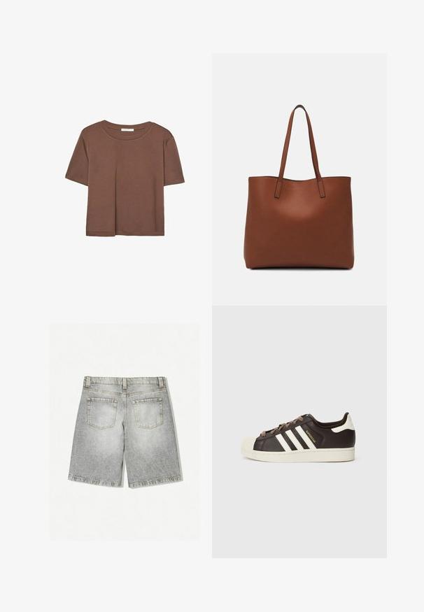 Smeđi kratki rukav majica od mekog materijala, s okruglim izrezom i opuštenim krojem. Nema vidljivih uzoraka ili naglasaka.; Sivi traper šortsevi s neurednim rubom, sa dva stražnja džepa i izblijedjelim završetkom. Izrađeni od tkanine srednje težine.; Niska Adidas Superstar tenisica od tamnobraon kože s krem školjkastim vrhom, bijelim prugama i natpisom "Superstar" sa strane.; Smeđa kožna torba preko ramena s glatkom teksturom, otvorenim vrhom i dvjema naramenicama. Ima minimalne šavove i nema vidljivog hardvera.