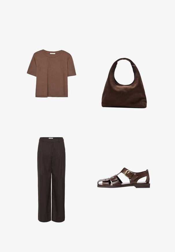 Smeđi kratki rukav majica od mekog materijala, s okruglim izrezom i opuštenim krojem. Nema vidljivih uzoraka ili naglasaka.; Smeđi široki hlače izrađene od glatke tkanine. Imaju visoki struk, prednje nabore i bočne džepove za praktičnost.; Smeđe kožne sandale s izrezbarenim dizajnom, podesivim bočnim kopčanjem i ravnim potplatom, s metalnim detaljima i otvorenim prstima.; Meka mekana smeđa torba hobo stila s jednim širokim remenom i zakrivljenim otvaranjem na vrhu, prikazana na bijeloj pozadini.
