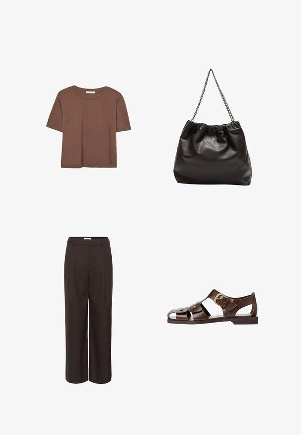 Hnedé tričko s krátkym rukávom vyrobené z jemného materiálu, s okrúhlym výstrihom a voľným strihom. Žiadne viditeľné vzory ani akcenty.; Hnedé široké nohavice vyrobené z hladkej látky. Obsahujú vysoký pás, predné záhyby a bočné vrecká pre praktickosť.; Hnedé kožené sandále s vyrezávaným dizajnom, nastaviteľnou bočnou sponou a plochou podrážkou, s kovovými akcentmi a otvorenou špičkou.; Hnedá kožená taška so zberaným vrchom a reťazovým popruhom. Hladký povrch s lesklým finišom a jemným švom po stranách.