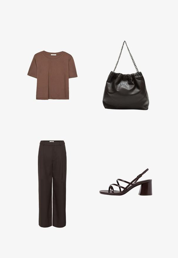 Brązowa koszulka z krótkim rękawem, wykonana z miękkiego materiału, z okrągłym dekoltem i luźnym krojem. Brak widocznych wzorów lub akcentów.; Brązowe szerokie spodnie z gładkiego materiału. Posiadają wysoką talię, fałdy z przodu oraz boczne kieszenie dla większej funkcjonalności.; Brązowe sandały na wysokim obcasie z grubym obcasem, z gładkim, błyszczącym wykończeniem i wieloma krzyżującymi się paskami na cholewce.; Brązowa skórzana torba z marszczonym szczytem i łańcuszkowym paskiem. Gładka tekstura z błyszczącym wykończeniem i subtelnymi detalami szwów po bokach.