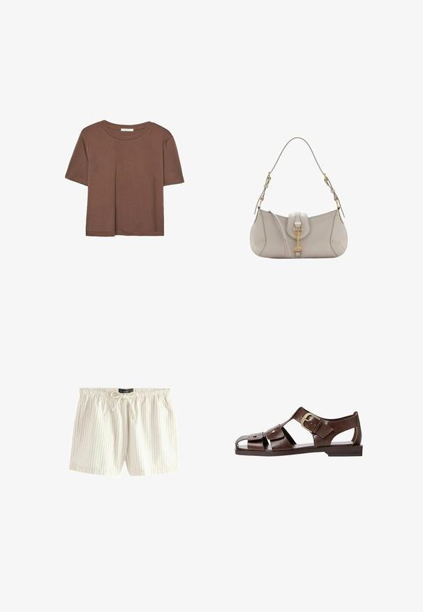 Rjava kratka majica s kratkimi rokavi iz mehkega materiala, s krožnim izrezom in ohlapnim krojem. Brez vidnih vzorcev ali dodatkov.; Svetlo kremne hlače s vertikalnimi modrimi črtami, izdelane iz mehkega materiala, z elastičnim pasom in vrvico ter stranskimi žepi.; Rjave usnjene sandale z izrezljanim dizajnom, nastavljivim stranskim sponko in ravnim podplatom, dekorirane z kovinskimi detajli in odprtim prstom.; Svetlo siva usnjena torbica s ukrivljeno obliko, zlato kovinsko dodatki, sprednji sponka in šivani detajli. Vključena nastavljiva naramnica.