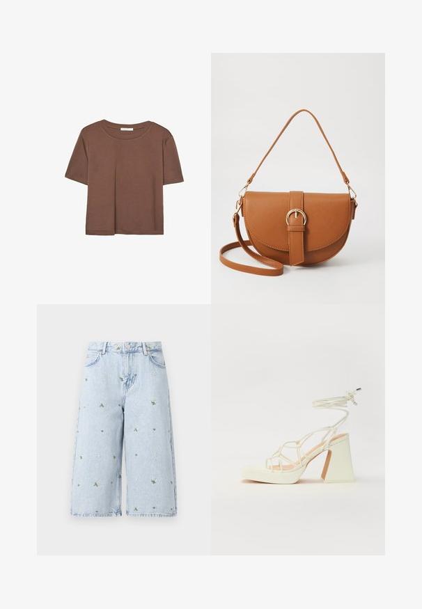 Kahvinsävyinen lyhythihainen t-paita, joka on valmistettu pehmeästä kankaasta. Pyöreä pääntie ja rento malli. Ei näkyviä kuvioita tai koristeita.; Vaaleansiniset farkkushortsit, joissa on kukkakirjontaa, erityisesti päivänkakkaroita ja vihreitä lehtiä. Klassinen viisi taskua -tyyli ja repsottava helma.; Valkoinen korkokenkä, jossa on paksu korko, ja joka sisältää nauhakiinnityksen ja nilkkaketjun. Sujuva pinta, jossa on platform-etupohja lisäkorkeutta varten.; Ruskean nahkainen olkalaukku, jossa on kaareva muoto, kultaiset yksityiskohdat ja solkiyksityiskohta. Varustettu irrotettavalla olkahihnalla.