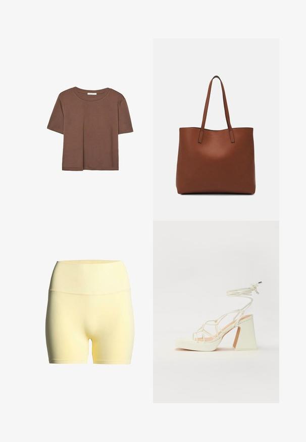 Brun kortärmad t-shirt i mjukt tyg, med rund halsringning och avslappnad passform. Inga synliga mönster eller detaljer.; Gula tygshorts med ett ribbat midjeband, som har en slät textur och en medellång design, lämpliga för aktivitetskläder eller avslappnad klädsel.; Vit högklackad sandal med en kraftig klack, med ett remdesign och ankelband. Slät textur med en plattform framtill för ökad höjd.; Brun läder tote-väska med en slät textur, öppen toppdesign och två axelremmar. Har minimal söm och ingen synlig metalldetalj.