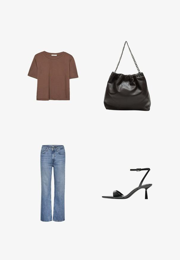 Smeđi kratki rukav majica od mekog materijala, s okruglim izrezom i opuštenim krojem. Nema vidljivih uzoraka ili naglasaka.; Plave traperice s visokim strukom, ravnog kroja, s prednjim dugmetom, zatvaranjem na zip i dizajnom s pet džepova.; Bershka Sandale s visokom petom - black; Smeđa kožna torba s naboranim vrhom i lančićem za nošenje. Glatka tekstura s sjajnim završetkom i suptilnim šavnim detaljima sa strane.