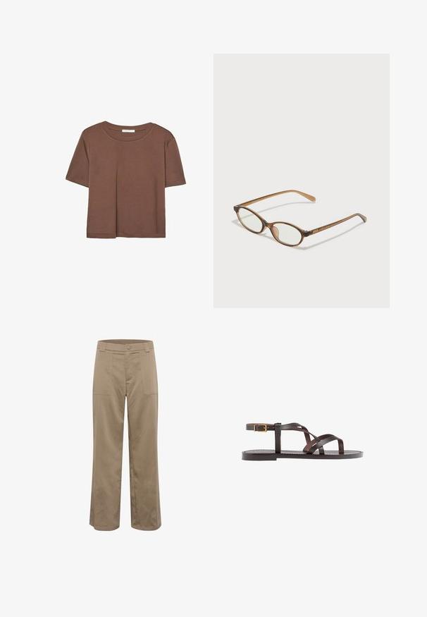 Hnedé tričko s krátkym rukávom vyrobené z jemného materiálu, s okrúhlym výstrihom a voľným strihom. Žiadne viditeľné vzory ani akcenty.; Khaki nohavice s širokými nohavicami a rovnom strihom, vyrobené z textúrovanej látky, s dvoma prednými vreckami a gombíkovým zapínaním v oblasti pásu.; Hnedé kožené sandály s krížovými popruhmi, uzatváraním na pracku okolo členku a plochou podrážkou s minimálnymi ševmi.; Hnedé želvovinové okuliare s oválnymi sklíčkami, tenkými ramenami a priesvitnými akcentmi. Obsahujú jemný logo na stranici. Štýlový, ľahký dizajn.