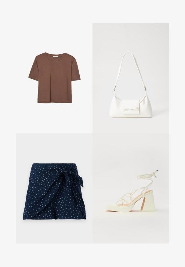 Brązowa koszulka z krótkim rękawem, wykonana z miękkiego materiału, z okrągłym dekoltem i luźnym krojem. Brak widocznych wzorów lub akcentów.; Granatowe szorty z wrapowym krojem i wiązaniem z przodu. Charakteryzują się rozproszonym białym, okrągłym wzorem. Wykonane z lekkiego materiału.; Biała sandał na wysokim obcasie z masywnym słupkiem, z paskowym wzorem i wiązaniem przy kostce. Gładka faktura z platformą z przodu dla dodatkowej wysokości.; Biała syntetyczna torba o trójkątnym kształcie, płaskim przednim klapce i detalach w postaci kokardy, regulowanym pasku, gładkiej fakturze oraz minimalistycznym designie.