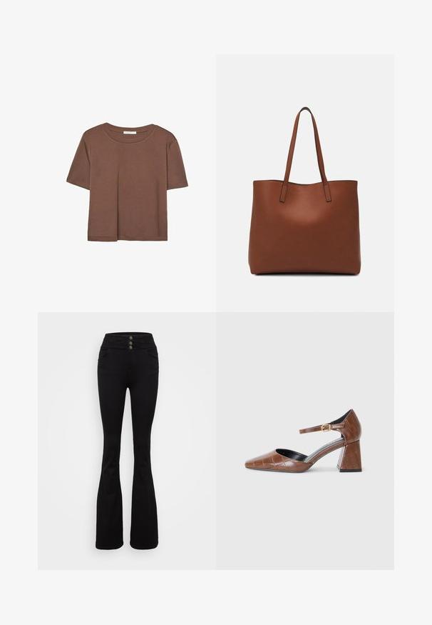 Kahvinsävyinen lyhythihainen t-paita, joka on valmistettu pehmeästä kankaasta. Pyöreä pääntie ja rento malli. Ei näkyviä kuvioita tai koristeita.; Musta leveälahkeinen farkut, joissa on korkea vyötärö, kolme nappisuljenta, etutaskut ja sileä pinta.; Ruskeat patenttivinyylikorkokengät, joissa on neliömäinen kärki, teksturoitu krokotiilihahmo, nilkkaremmi kultaisella soljella ja paksu korko.; Ruskea nahkainen olkalaukku, jossa on sileä pinta, avoin yläosa ja kaksi olkahihnaa. Omaavat vain minimaalisen ompelun eikä näkyvää metalliosaa.