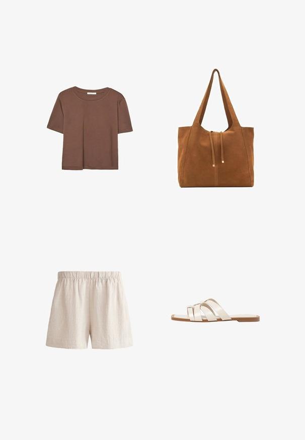Rjava kratka majica s kratkimi rokavi iz mehkega materiala, s krožnim izrezom in ohlapnim krojem. Brez vidnih vzorcev ali dodatkov.; Svijetlosmeđi laneni šorts s elastičnom strukom, s opuštenim krojem i jednostavnim rubom. Glatka tekstura s suptilnim, prirodnim završetkom.; Ravne sandale s svetlo rjavim gumijastim podplatom, zasnovane s tremi prekrivajočimi se belimi usnjenimi trakovi in majhnim lokom na sredini.; Rjava semiš torba z dvema dolgima ročajema, z vrvico za zapiranje in minimalističnim dizajnom. Gladka tekstura in brez vidnih kovinskih dodatkov.