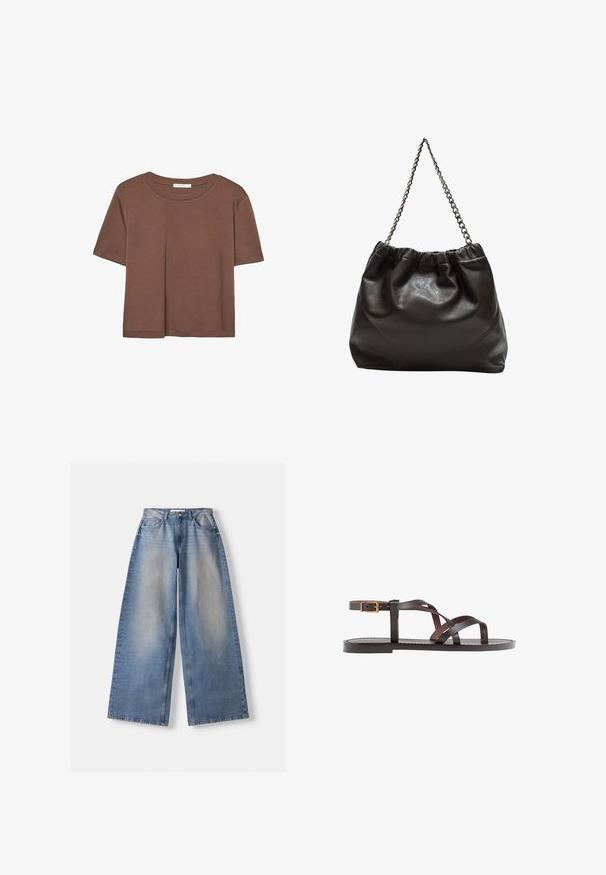Rjava kratka majica s kratkimi rokavi iz mehkega materiala, s krožnim izrezom in ohlapnim krojem. Brez vidnih vzorcev ali dodatkov.; Široke modre jeans hlače z visokim pasom in zbledelimi podrobnostmi, razporejene na beli podlagi.; Rjav usnjen sandal z načinom prečnega črta, zaklepom okoli gležnja in ravnim podplatom z minimalnimi šivi.; Rjava usnjena torba z nabranim vrhom in verižnim trakom. Gladka tekstura z sijajno površino in subtilnimi šivi na straneh.