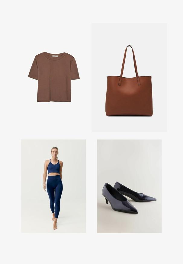 Rjava kratka majica s kratkimi rokavi iz mehkega materiala, s krožnim izrezom in ohlapnim krojem. Brez vidnih vzorcev ali dodatkov.; Temno modri športni komplet, ki vključuje kratko modrček z tankimi naramnicami in hlače z visokim pasom, oba izdelana iz gladkega, raztegljivega materiala.; Mornarske lakirane čevlje s koničastim nosom in 5-centimetrsko peto. Gladka tekstura z sijočim zaključkom in minimalistična zasnova.; Rjava usnjena torba z gladko teksturo, odprto zasnovo zgoraj in dvema naramnima trakovoma. Opremljena je z minimalnim šivanjem in brez vidnih kovinskih delov.