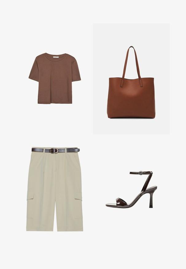 Rjava kratka majica s kratkimi rokavi iz mehkega materiala, s krožnim izrezom in ohlapnim krojem. Brez vidnih vzorcev ali dodatkov.; Bež kratke hlače s cargo stilom in sproščenim krojem, z dvema stranskima žepoma in rjavim pasom s okroglo spono, gladka tekstura blaga.; Rjave visokosprti sandali iz pateniranega usnja z zaponko okoli gležnja, odprto konico in eleganten, minimalističen dizajn. Imajo kvadratno peto.; Rjava usnjena torba z gladko teksturo, odprto zasnovo zgoraj in dvema naramnima trakovoma. Opremljena je z minimalnim šivanjem in brez vidnih kovinskih delov.