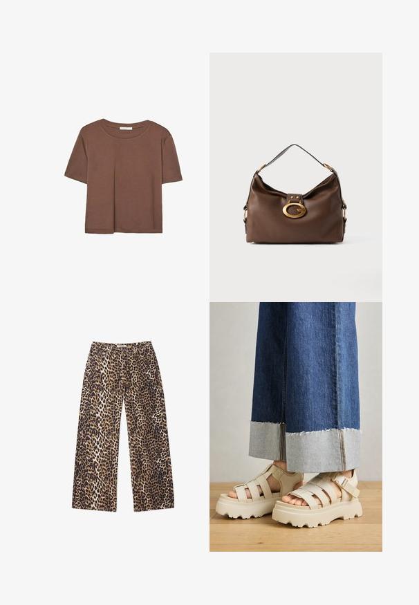 Hnedé tričko s krátkym rukávom vyrobené z jemného materiálu, s okrúhlym výstrihom a voľným strihom. Žiadne viditeľné vzory ani akcenty.; Široké nohavice s leopardím vzorom. Obsahujú kombináciu béžovej, hnedej a čiernej farby. Vyrobené z mäkkej látky s hladkým povrchom.; Béžové platformové sandále s hrubými podrážkami majú pruhovaný dizajn a nastaviteľné popruhy okolo členka. Nosené sú s džínsovými nohavicami s širokými nohavicami, pri ktorých je jeden lem rozstrapkaný.; Hnedá kožená kabelka s textúrovaným povrchom, so zlatým kovovým zapínaním a jedným zakriveným ramenným popruhom.