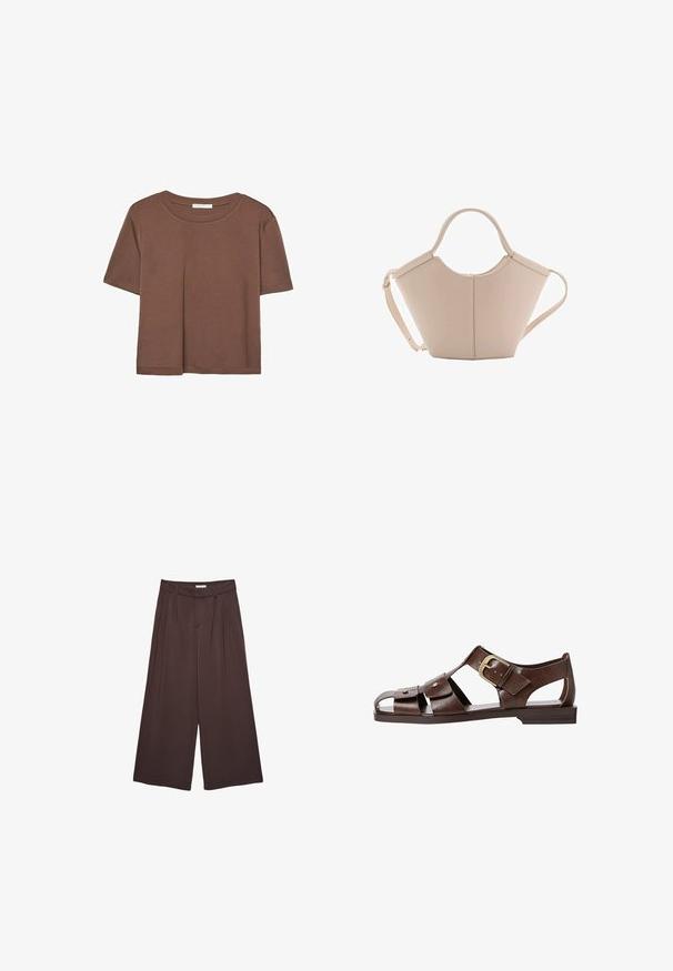 Rjava kratka majica s kratkimi rokavi iz mehkega materiala, s krožnim izrezom in ohlapnim krojem. Brez vidnih vzorcev ali dodatkov.; Brahke široke hlače v rjavi barvi, narejene iz mehkega materiala, z naborki na pasu in stranskimi žepi. Prilagojena silhueta z udobnim prilegajanjem.; Rjave usnjene sandale z izrezljanim dizajnom, nastavljivim stranskim sponko in ravnim podplatom, dekorirane z kovinskimi detajli in odprtim prstom.; Bežna usnjena torbica edinstvene oblike, z dvema kratkima ročajema in dolgim nastavljivim trakom. Gladka tekstura z minimalno kovinsko opremo.
